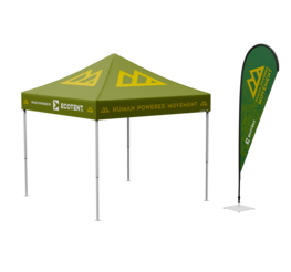 A rendering of a green, printed 10x10 canopy tent with a tear drop flag.